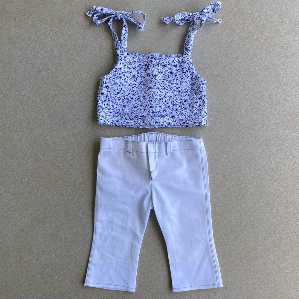 American Girl White Capri Pants Jeans With Blue Floral Crop Top Ties at shoulder